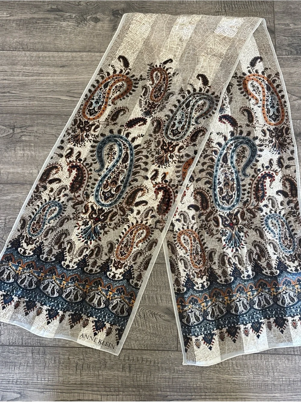 Anne Klein Cream Paisley Border Scarf with Blue & Brown Accents